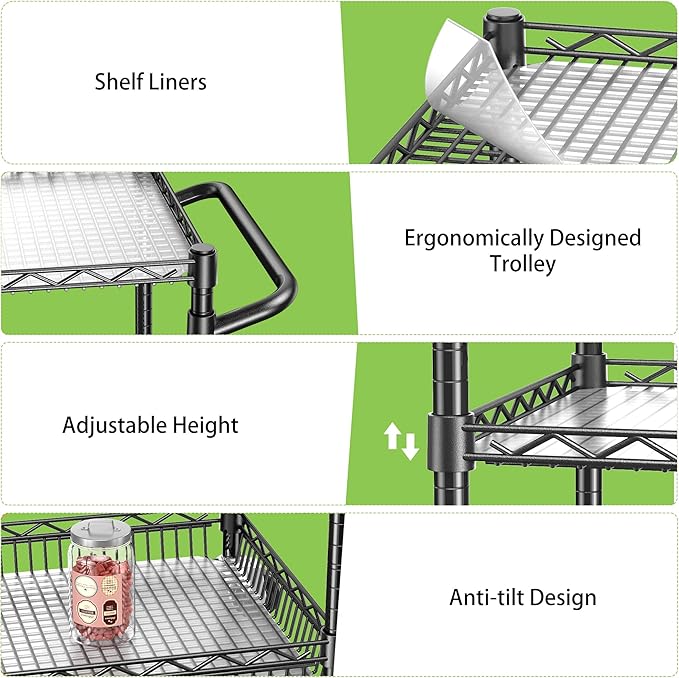Metal Steel Wire Cart with Wheels, 3 Shelf Rolling Cart, Kitchen Trolley with Handle Bar&Shelf Liner, Commercial Grade Mobile Storage Cart for Kitchen, Living Room, Laundry, Grocery