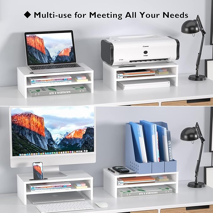 BONTEC Wooden Monitor Stand Riser, 2-Tier Desk Shelf with Storage Organizer, Ergonomic Computer Stand with Cable Management, Cellphone Holder, White, 16.5 Inch-NeatNest