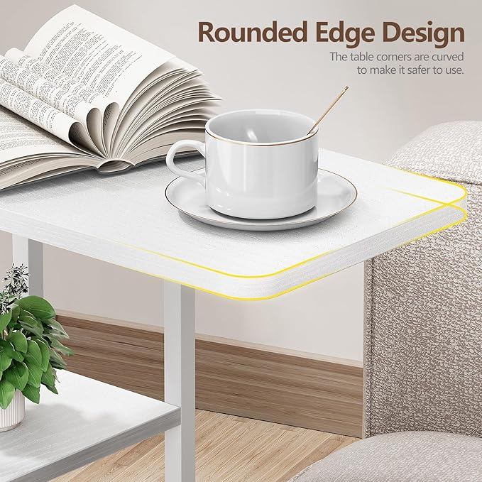 C Shaped End Table, Small Side Table for Couch, Recliner, Slide Under Sofa Tray Desk Snack Tables with Storage Bag for Living Room,Bedroom, Small Spaces - White