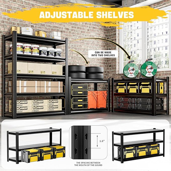 5 Tier Storage Shelves Metal Shelving Unit and Storage Utility Rack Shelf Adjustable Shelf Organizer for Garage, Basement, Pantry Storage, Commercial, Warehouse, Industrial, Laundry Room, Black