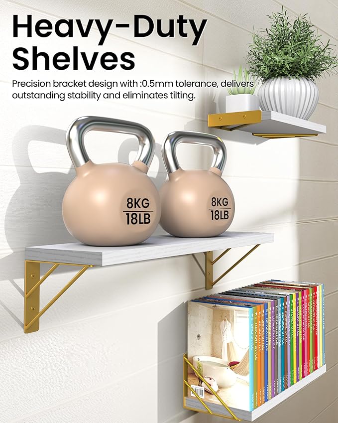 BAYKA Wall Shelves for Bedroom Decor, Floating Wall Shelves for Living Room Kitchen Storage, Wall Mounted Rustic Wood Shelves for Kids Books,Corner Shelves for Bathroom(White and Gold,Set of 3)-NeatNest