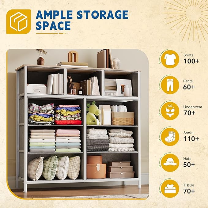DWVO 9 Drawer Dresser, Light Gray Fabric Storage Tower, Tall Organizer Unit for Room, Living Room, Hallway, Closets - Sturdy Steel Frame, Wooden Top & Easy Pull Bins-NeatNest
