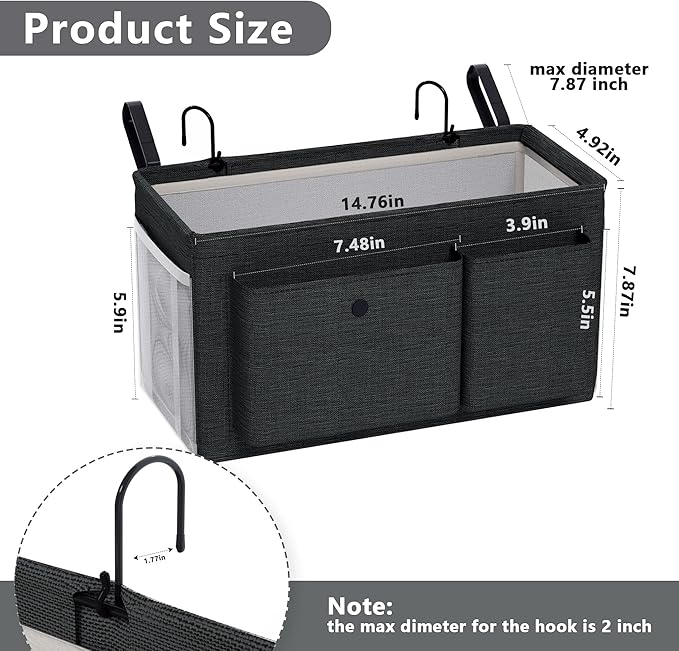 Bedside Caddy Bedside Organizer with Fixed Straps & Water Bottle Holder, Bunk Bed Caddy ideal for Home, Dorm, Hospital, Crib, Versatile Bedside Storage Solution (Black 2pcs)-NeatNest