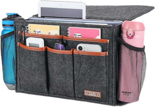Bedside Caddy, Large Size Bedside Storage Organizer Bedside Organizer Caddy for Magazine Remotes Phone (13.4'' x 18.1'' Plus Size, Dark Grey)-NeatNest
