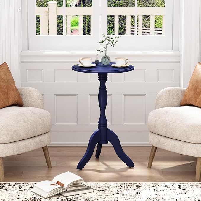 HLR Round Small End Table, Wooden Pedestal Side Coffee Tables, Vintage Accent Nightstand for Living Room, Bedroom, Entryway, Dark Blue