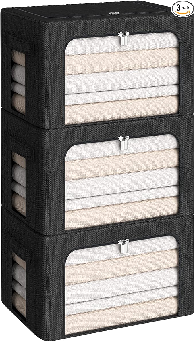 3Pack Foldable Storage Bins - Frame Storage Box Linen Fabric Stackable Clothes Container Organizer with Clear Window & Carry Handles Large Capacity (Medium-36L, Black)-NeatNest