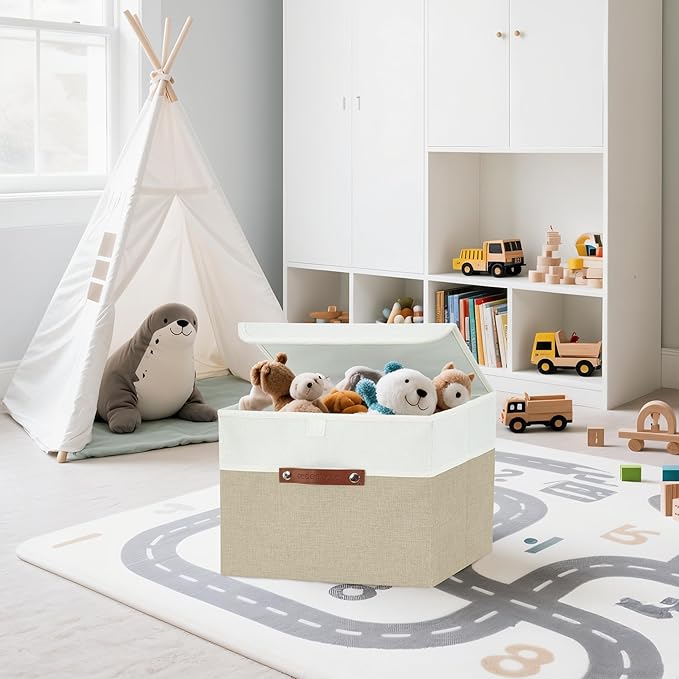 DECOMOMO Fabric Storage Bins with Lid, Storage Baskets for Shelves Toy Box (Beige and White, 3 Pack)-NeatNest