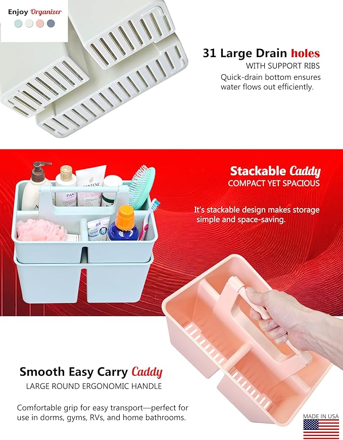 Shower Caddy Organizer with Handle, 3 Compartments, Portable Storage Bin for Bathroom, Dorm, Gym -Made In USA (Mint)