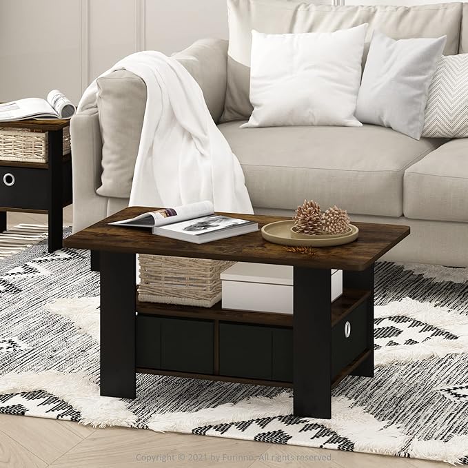 Furinno Andrey Coffee Table with Bin Drawer, Amber Pine/Black Small Non-Lift Top-NeatNest