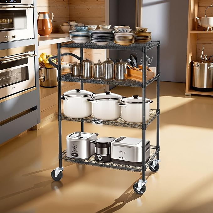 Finnhomy 4 Tier Heavy Duty Commercial Grade Rolling Cart with Handle Bar, Metal Wire Utility Cart with Wheels, Shelf Size 18" D x 30" W, NSF Listed, Black