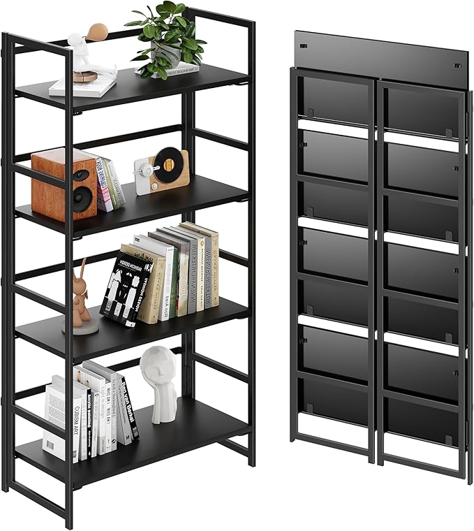 BHG Vintage Multifunctional Folding Bookshelf, No-Assembly Plant Stand Storage Rack Shelves for Home Office (All Black, 4-Tier)-NeatNest
