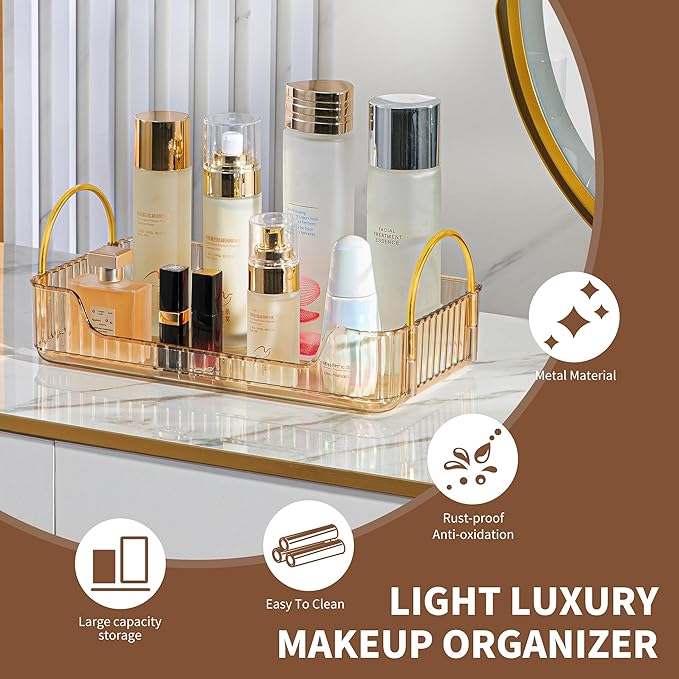 Bathroom Organizer Countertop, Vanity Tray for Skincare Makeup, Counter Organizer for Cosmetics, Toiletries, Lotions, Perfumes (1 Tier, Amber)-NeatNest