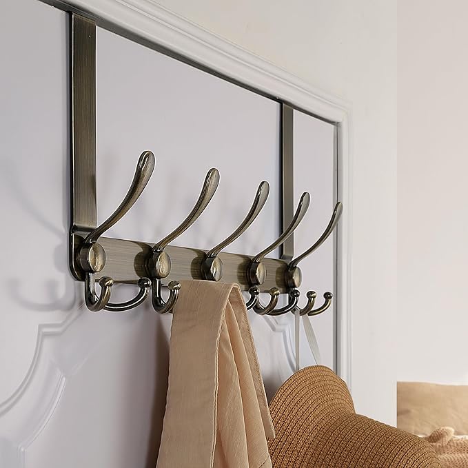 Dseap Over The Door Hook Hanger - 5 Tri Hooks, Heavy Duty Over The Door Towel Rack Coat Rack for Clothes Hat Towel, Bronze, 2 Packs