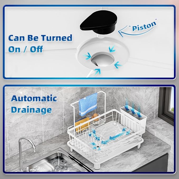 Compact Dish Drying Rack, Dish Drainers for Kitchen Counter with Sponge Rack, Kitchen Drying Rack with Drainboard, Utensil Holder and Automatic Drainage Drainboard, White-NeatNest