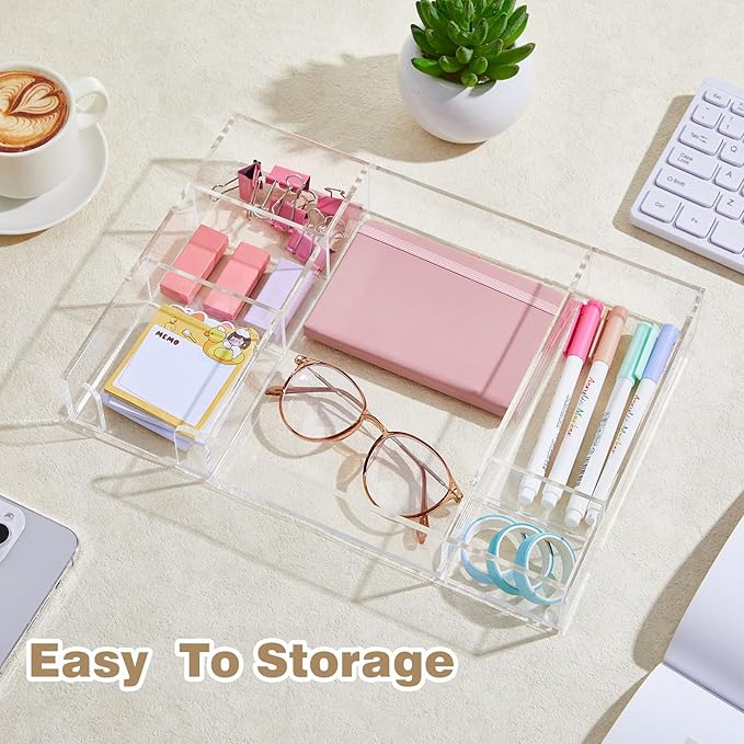 Acrylic Drawer Organizer Clear Desk Drawer Organizer Trays with Adjustable Compartments Desk Accessories for Office Stationery Makeup Silverware Bathroom(Adjustable)