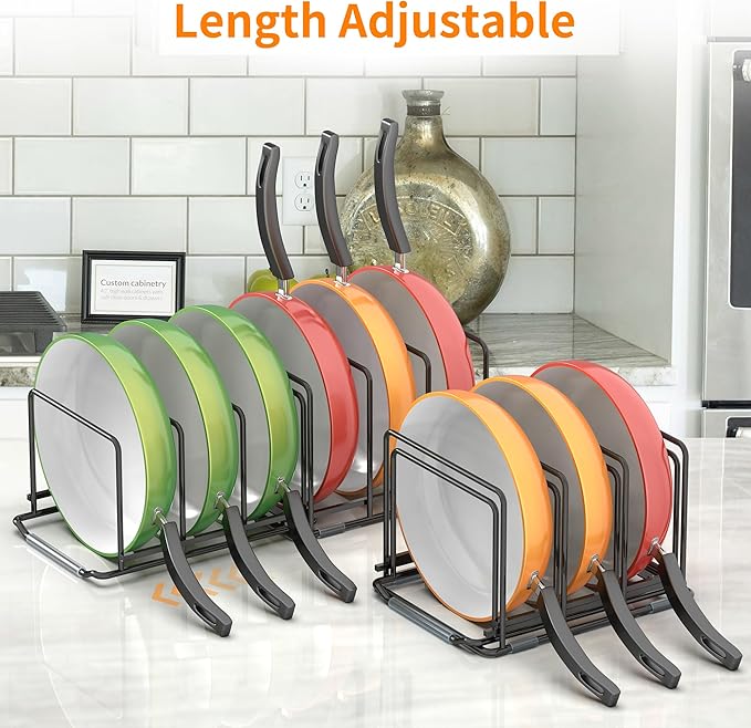 Adjustable 2.2in Pan Organizer Rack - for Pots,Pans,Cutting Boards,Cookie Sheets & Muffin Pans with 6 Slots,Non-Slip