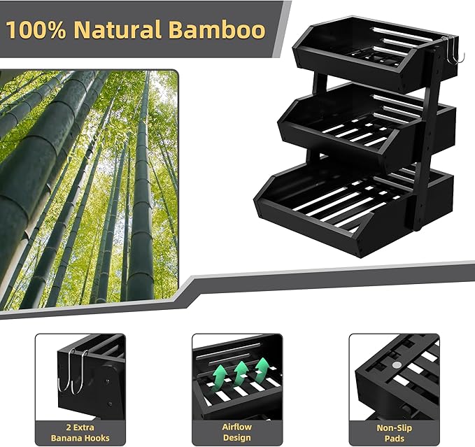 Bamboo 3 Tier Fruit Basket For Counter, Large Capacity Fruit Storage Countertop, Fruit Holder, Wooden Pantry Organizers and Storage, Kitchen Countertop Organizer With Two Banana Hangers (Black)