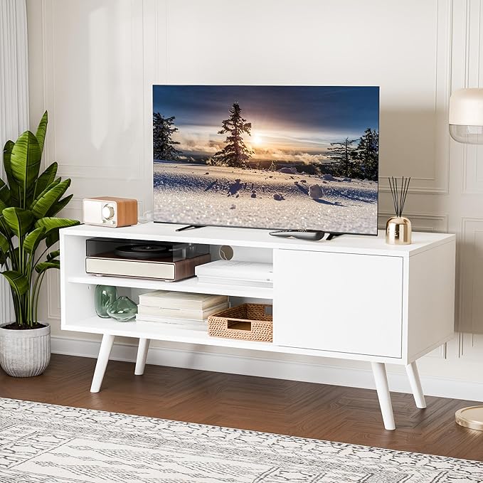 Cozy Castle TV Stand for 48 Inch TV, Mid Century Modern Entertainment Center with Storage Cabinet, TV Media Console with Charging Station for Living Room, Bedroom, White-NeatNest