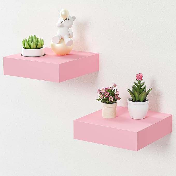 BAMEOS Pink Floating Shelves for Wall, 6" x 6" Wall Shelves for Room, Floating Book Shelves, Hanging Shelves for Bedroom, Bedroom, Living Room, Kitchen (Set of 2)-NeatNest