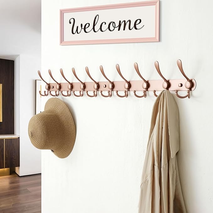 Dseap Coat Rack Wall Mount - 38” Long 10-Tri-Hooks Heavy Duty Coat Hanger Rail Wall Hooks for Hanging Coats Hats Clothing Clothes Purse Mudroom Entryway, Rose Gold, Pack of 2-NeatNest