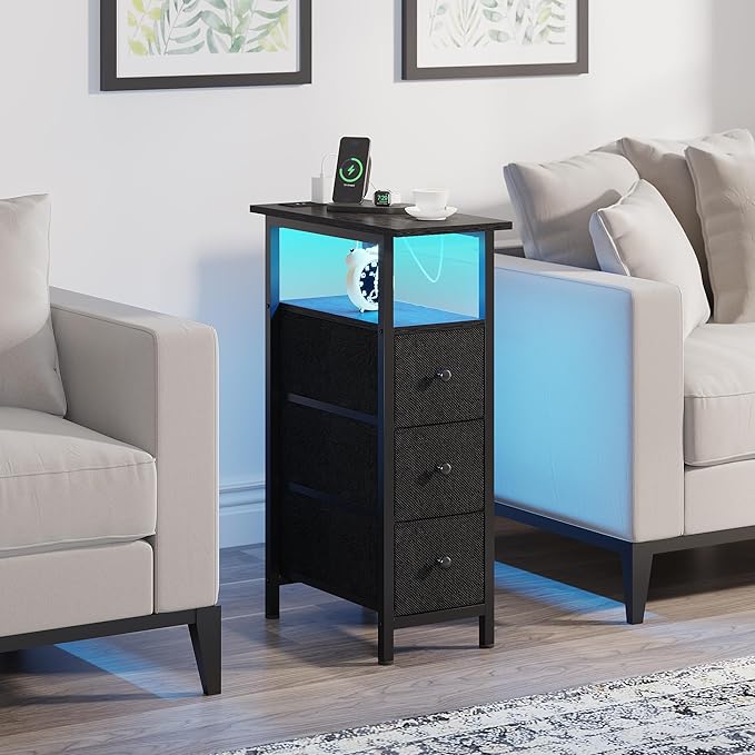 End Table with Charging Station, Narrow Side Table with 3 Fabric Drawers, Skinny Nightstand with LED Light, Slim Bedside Table for Bedroom, Living Room, Small Spaces, Black