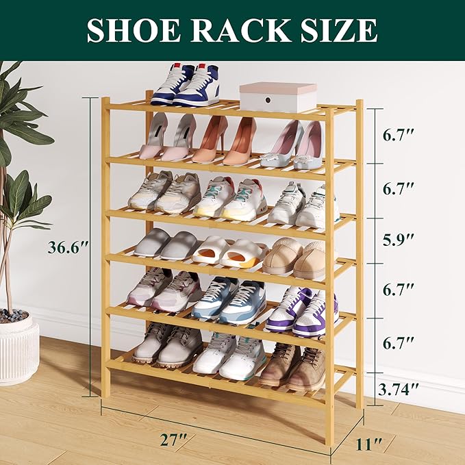 Smiry Bamboo Shoe Rack for Closet, 6 Tier Wooden Stackable Shoe Organizer, Free Standing Shoes Storage Shelf for Entryway, Front Door Entrance, Natural-NeatNest