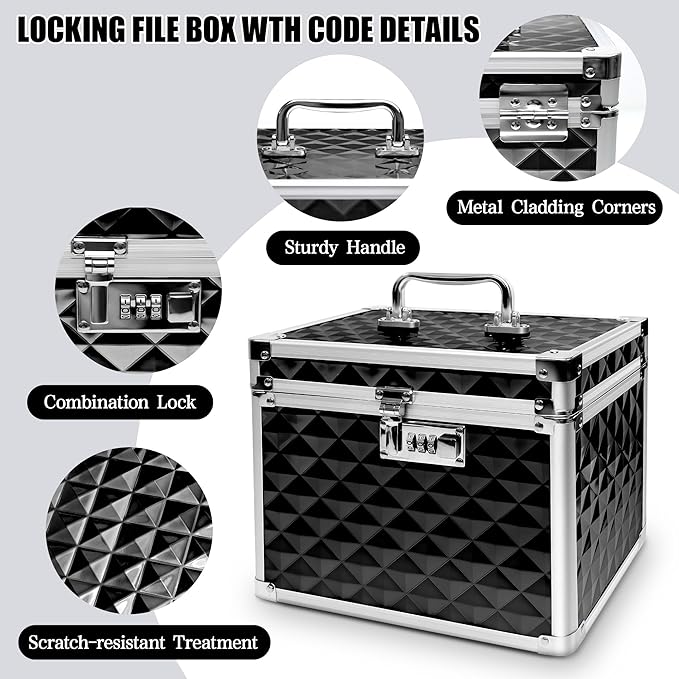 Medication Combination Lock Boxes with Code for Personal Items, Medicine Lockbox for Documents 10 x 7.25 x 7.75 Inches Plaid Black