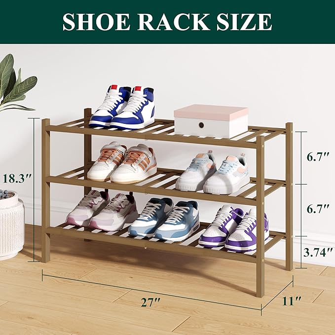 Smiry Bamboo Shoe Rack for Closet, 3 Tier Wooden Stackable Shoe Organizer, Free Standing Shoes Storage Shelf for Entryway, Front Door Entrance, Walnut-NeatNest