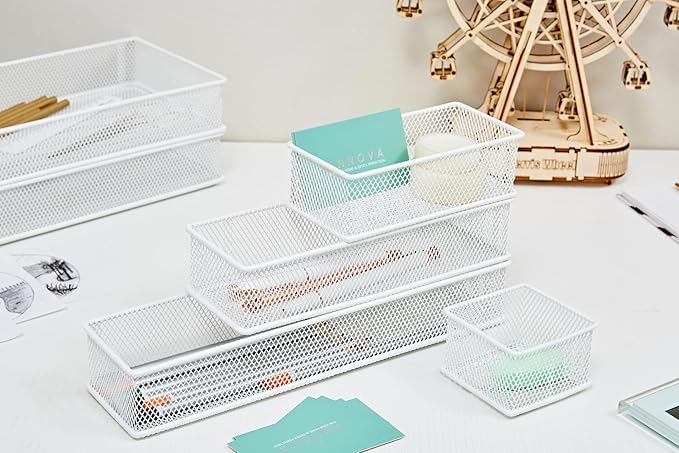 Annova Mesh Stackable Drawer Cabinet and Shelf Organizer Bins Storage Basket School Office Supply Holder Tray- Set of 2 (White, 6x15x2 Inch)-NeatNest