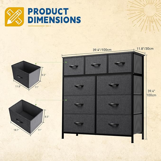 DWVO 9 Drawers Dresser for Bedroom, Fabric Storage Tower for Living Room, Entryway - Sturdy Steel Frame, Wooden Top & Easy Pull Fabric Bins-NeatNest