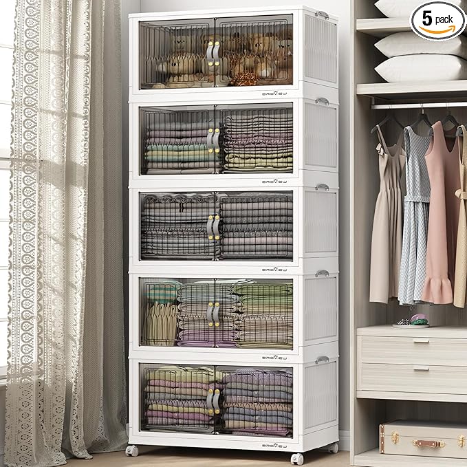 600Qt Stackable Storage Bins with Lid, Extra Large Closet Organizer Collapsible Drawer Boxes with Wheels, Folding Plastic Cabinet Containers for Home Kitchen Room Organization, 5Pack White