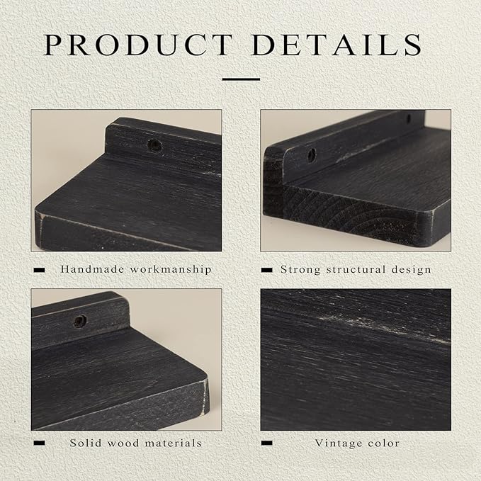 Freezing point Small Floating Shelf for Wall Set of 2 Natural Wood 8Inch Mini Wall Shelves Decor Plant Display Collectibles Mounted Kitchen Bathroom Bedroom Corner Decorative Storage Tiny Stand Black-NeatNest