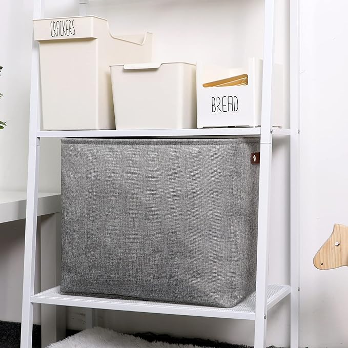 DULLEMELO Large Collapsible Storage Basket/Bin with Sturdy Leather Handles, Fabric Organizer Bin for Storage Clothes, Toys, Books, Office, Bedroom, Closet, Nursery & Laundry (Gray)-NeatNest