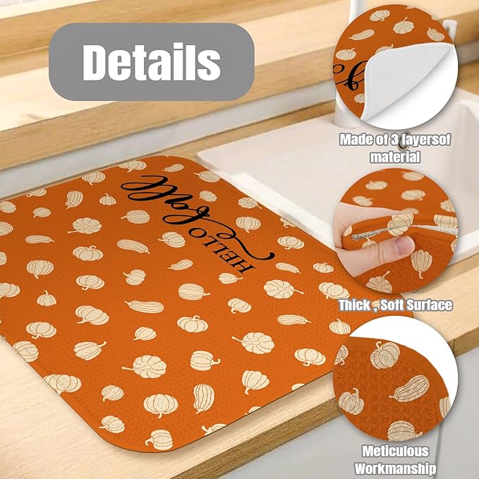 Dish Drying Mat for Kitchen Counter Large 16" x 18" Fall Pumpkin Absorbent Microfiber Dishes Drainer Rack Mats Pad Reusable Washable