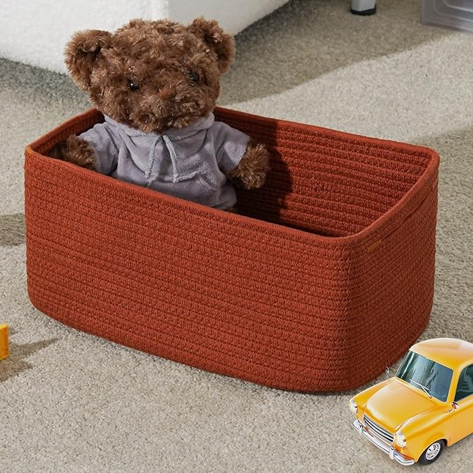 3-Pack Storage Baskets for Organizing | Woven Shelf Toy Basket | Rope Baskets for Gifts Empty | Closet Organizer Bins with Handles | Cube Decorative Box | 13.7×7.1×6.7” | Brick Red-NeatNest