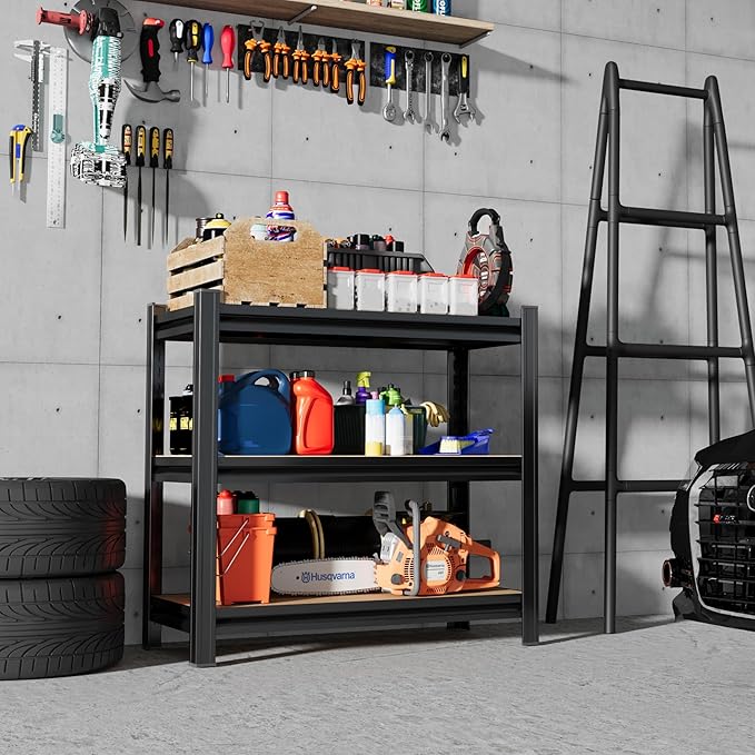 3 Tier Garage Shelving Wood Storage Shelves 600 lb Load Capacity 28.7" H*29.5" W*11.8" D Metal Shelving Suitable for Garage Kitchen Pantry,Black