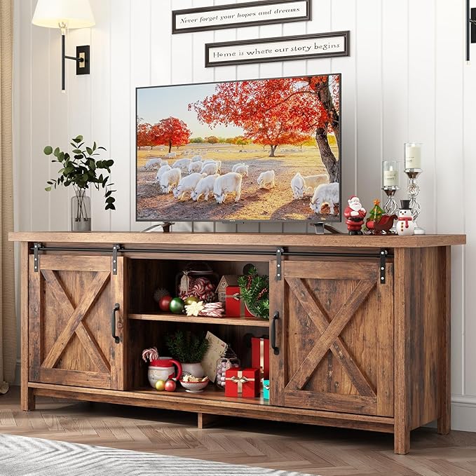 Farmhouse TV Stand for 55-65in TV with Adjustable Shelves & Sliding Barn Door - Rustic, Wooden Entertainment Center & Media Cabinet for Bedroom, Living Room (Dark Brown, 58in)-NeatNest