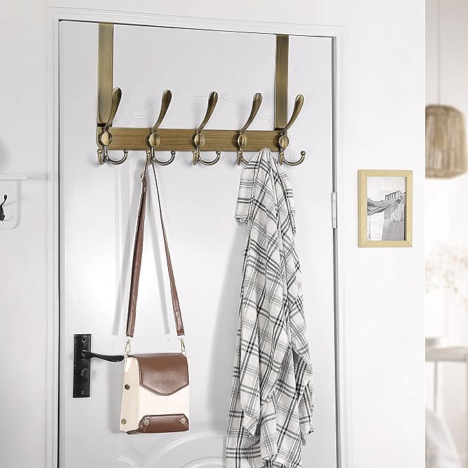 Dseap Over The Door Hook Hanger - 5 Tri Hooks, Heavy Duty Over The Door Towel Rack Coat Rack for Clothes Hat Towel, Bronze, 2 Packs
