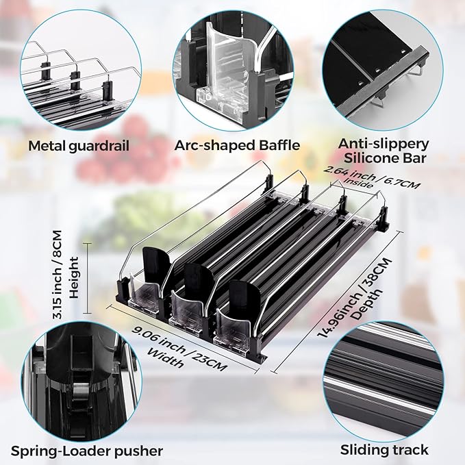 Drink Dispenser for Refrigerator, Self-Pushing Soda Can Organizer for Fridge, 3 Rows has been Assembled, Automatic Can Organizer with Spring Loaded for Refrigerator Holds 15 cans, Black