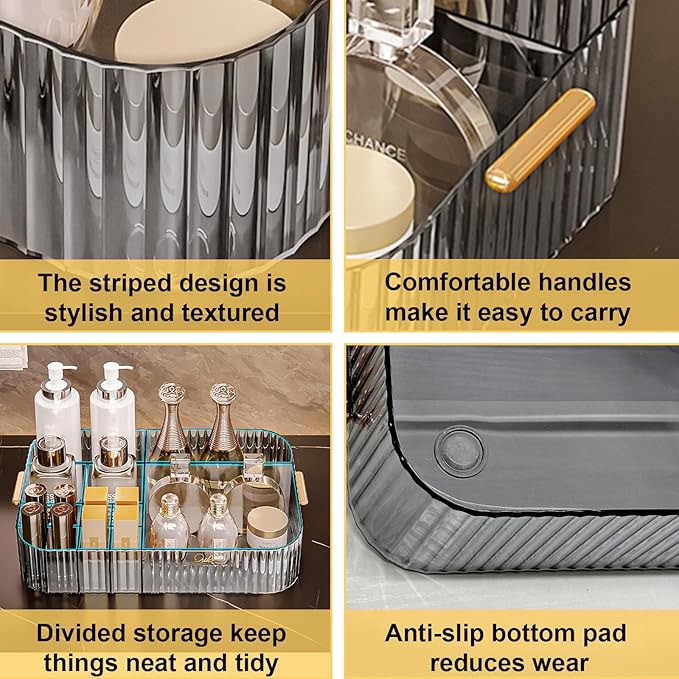 DASITON Large Capacity Makeup Organizer,12 Slots Makeup Brush Holder,Makeup Storage with Handle,Vintage Striped Cosmetic Organizer for Bathroom Countertops,Desk Storage Container(Grey)-NeatNest
