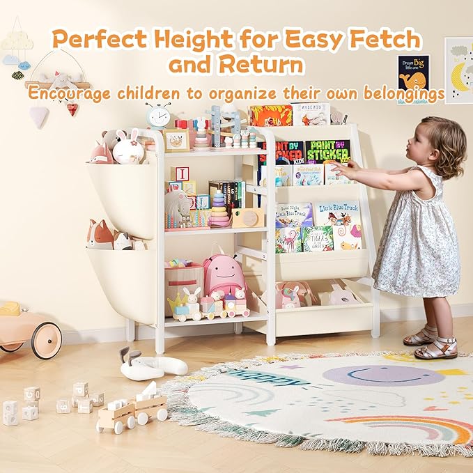 B3 Kids Bookshelf and Toy Storage, Book Shelf for Kids Rooms, Toddler Bookshelf for Small Spaces, 3-Tier Sling Montessori Baby Bookcase for Nursery, Bedroom, Playroom, White