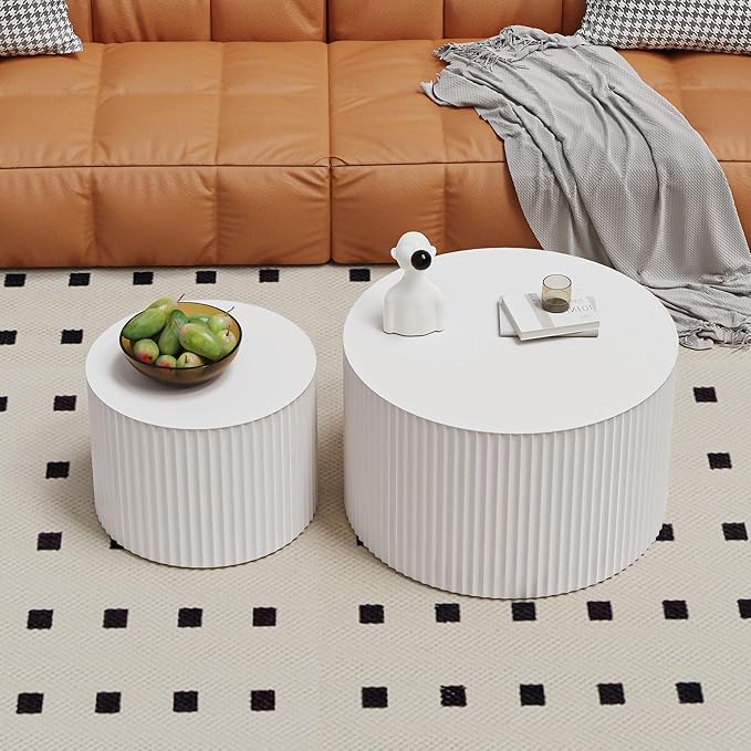 WXFKLDJ Round Nesting Coffee Table Set Cylindrical Wooden Coffee Table Sofa Center Table Circle Embossed Design Side Table for Living Room Apartment No Assembly (Round White Small)