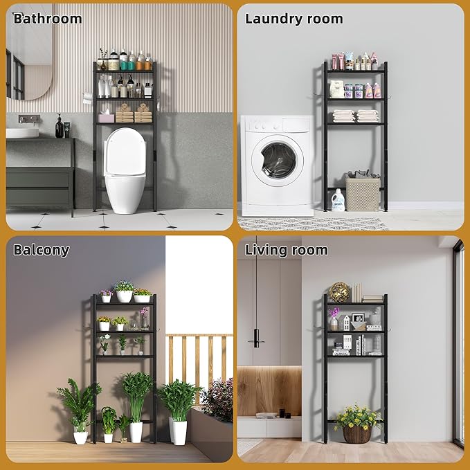 3 Tier Over The Toilet Storage Rack with Toilet Paper Holder, Metal Freestanding Bathroom Shelves with 4 Hooks, Over Toilet Storage Shelf for Bathroom Storage, Black-NeatNest