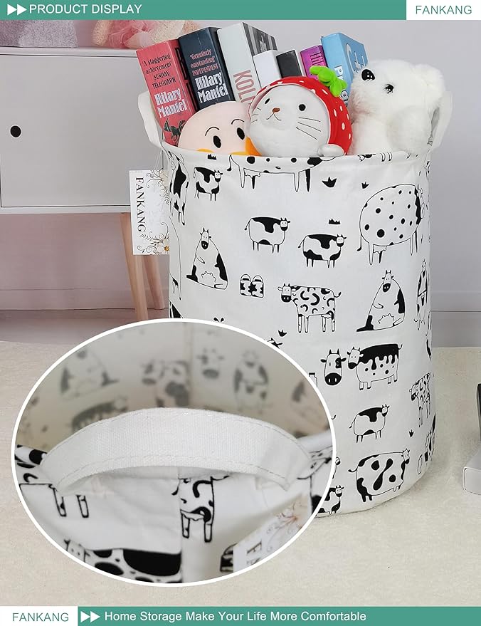 FANKANG Storage Basket, Nursery Hamper Canvas Laundry Basket Foldable with Waterproof PE Coating Large Storage Baskets for Kids Boys and Girls, Office, Bedroom, Clothes,Toys(Cows)