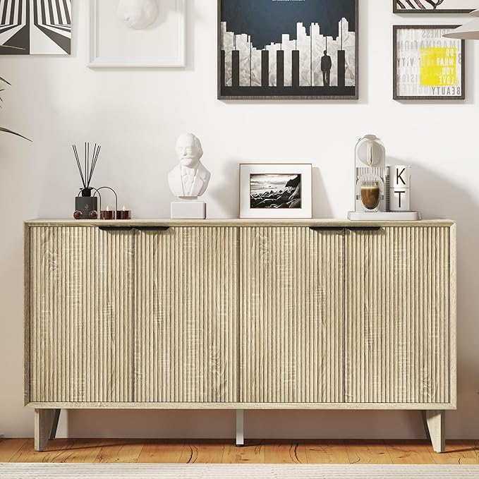 Fluted Cabinet with Storage, Buffet Sideborad with 4 Doors, Kitchen Buffet Storage Accent Cabinet with Adjustable Shelves for Living Room, Entry, Hallway, Natural