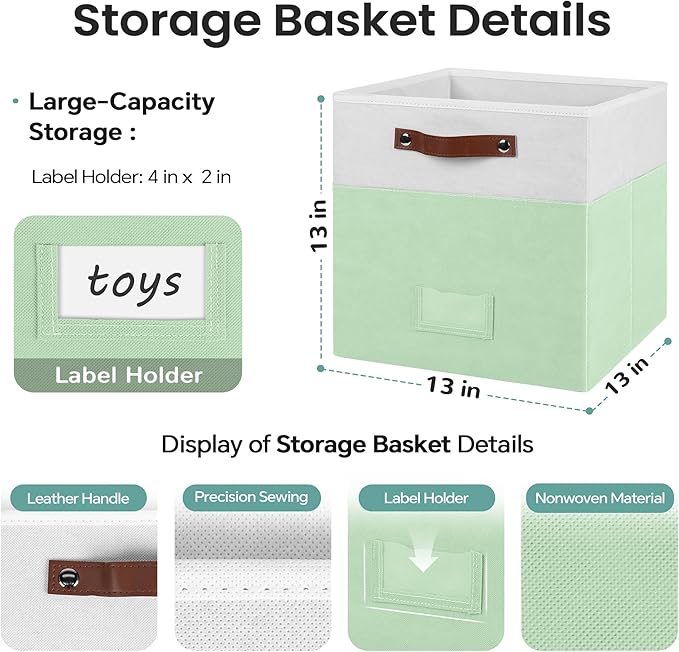 6-Pack Collapsible Fabric Storage Cubes with Handles & Label Holders, Closet Cube Home Organizer Bins (White/Sage Green, 13 x 13 x 13 inch)