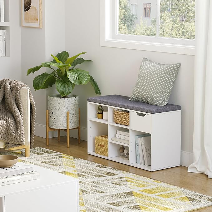 DINZI LVJ Shoe Bench,Entryway Storage Bench with Drawer and 8 Cubbies,Cubby Rack Adjustable Shelves,Shoe Organizer Cabinet for Living Room,Bedroom,Mudroom,Closet Garage,White-NeatNest