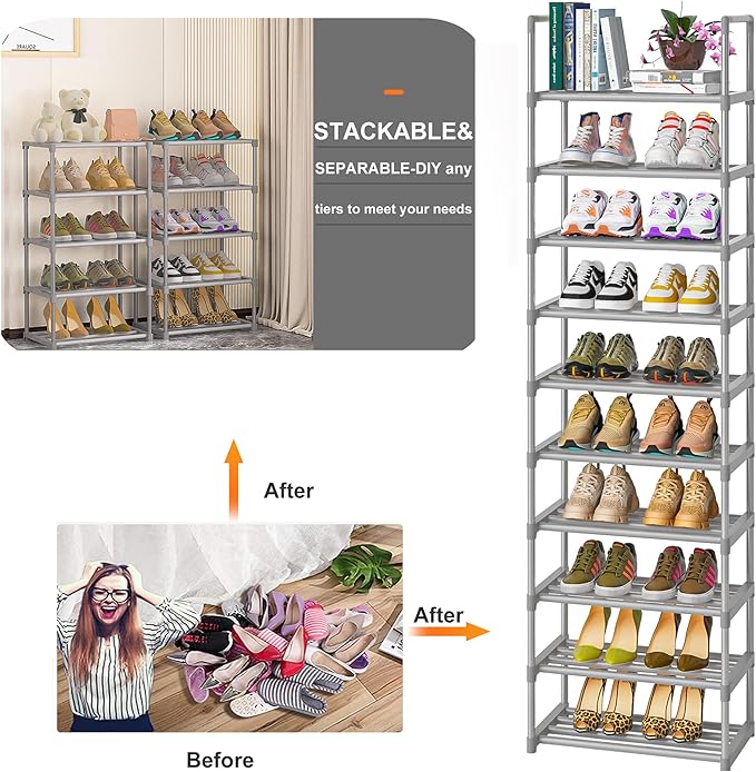 10-Tier Metal Shoe Rack, Narrow Shoe Rack Organizer, Sturdy Shoe Shelf for Closets, Entryway, Bedroom, Garage - Silver-NeatNest