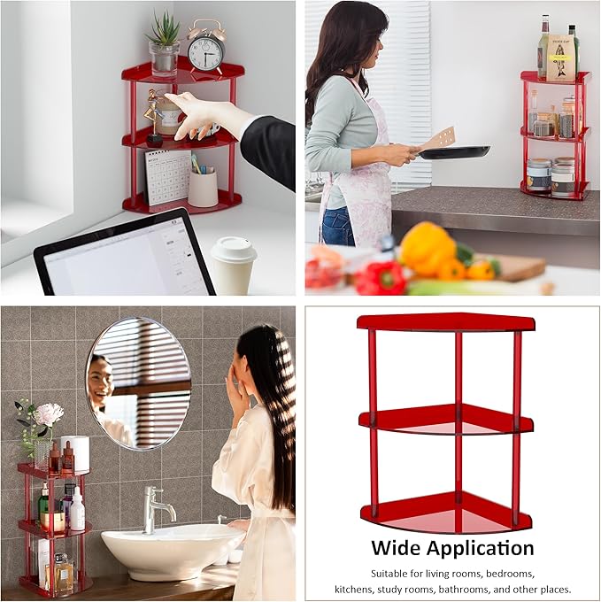 3 Tier Acrylic Corner Shelf Organizer Storage 9.5x9.5x15.7 Inch, Red Countertop Corner Shelf for Bathroom, Kitchen, Bedroom, Office, Study Room-NeatNest