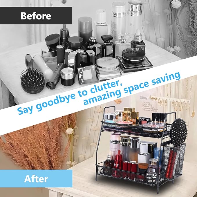 LEMIKKLE Countertop Organizer for Bathroom Counter, The Organizer for Bedroom, Spice Rack Organizer for Kitchen Counter Shelf with Small Basket(Black)-NeatNest